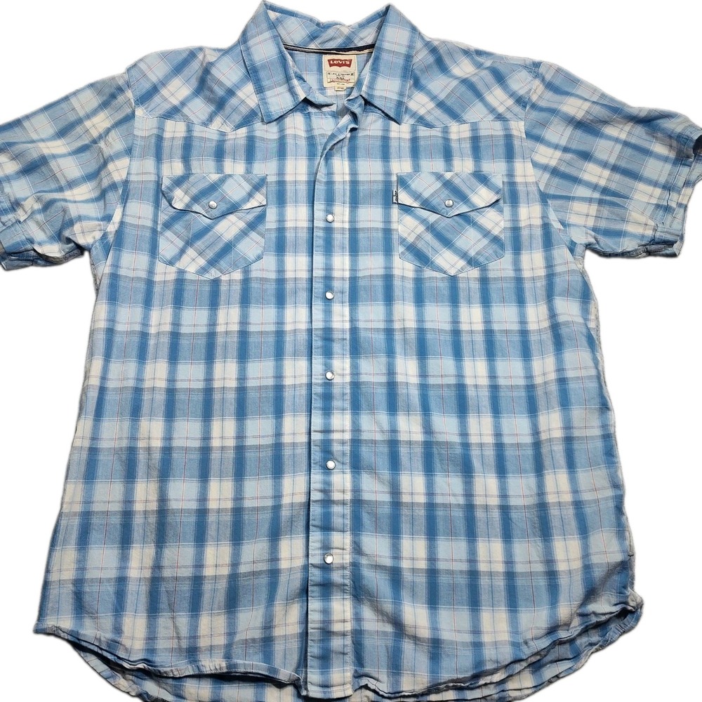 Levis Shirt Mens XXL Blue Plaid Modern Western Short Sleeve Pearl Snap Country